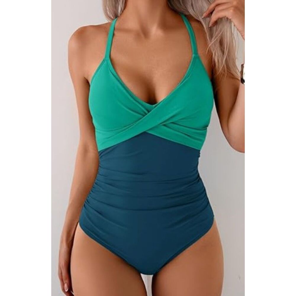 NEW NWT Teal Two Tone Sz XL Beach Pool Removeable Pads 1 Pc Swimsuit B2PRITY